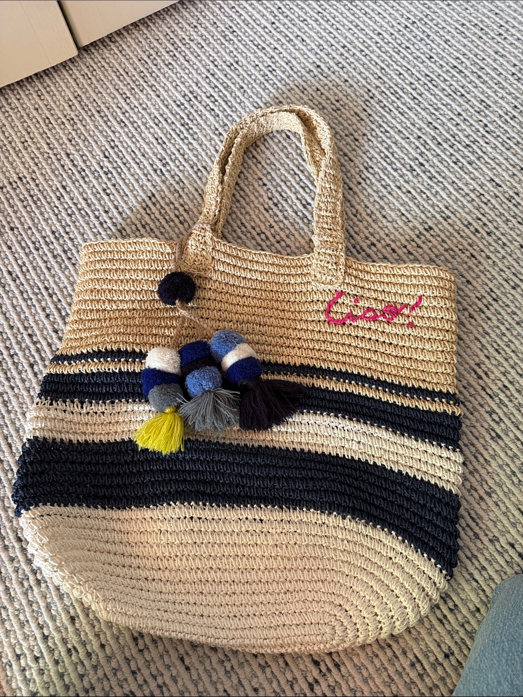 Sundry Striped Straw Tote Bag With Pom Pom Accents - Beige & Navy